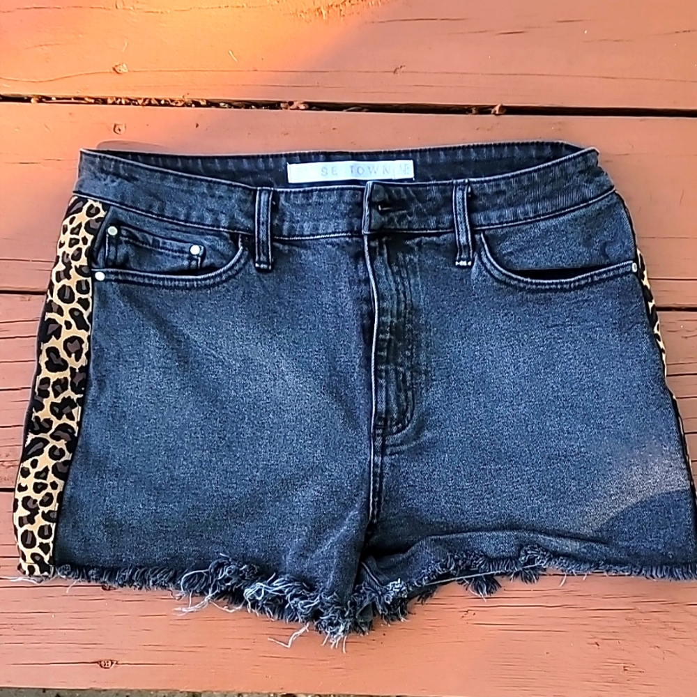 Distressed Leopard Denim Shorts
